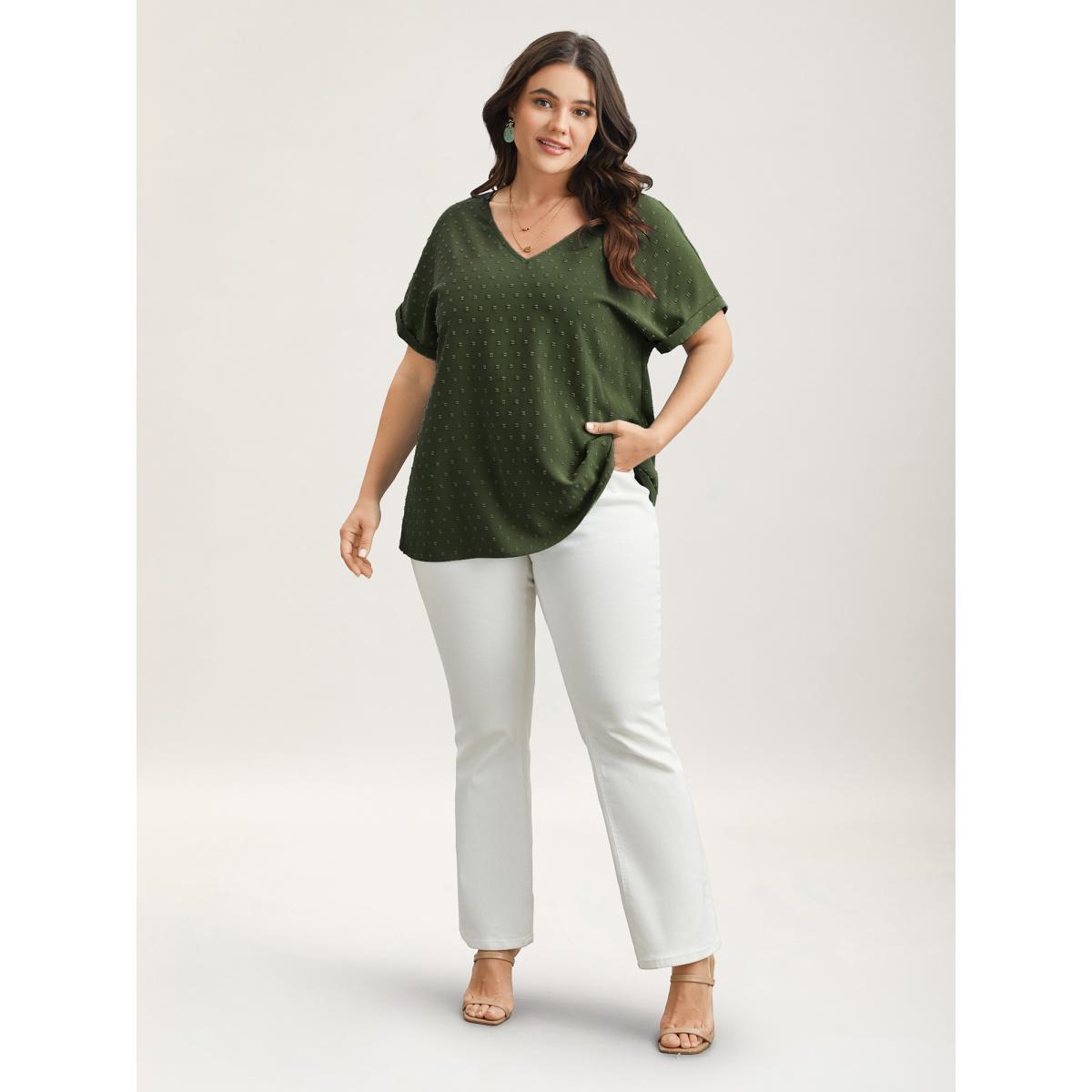 Plus Size ArmyGreen Back-Button Textured V-Neck Shirt Women Elegant Short sleeve V-neck Everyday Blouses BloomChic 30/6X Product Image