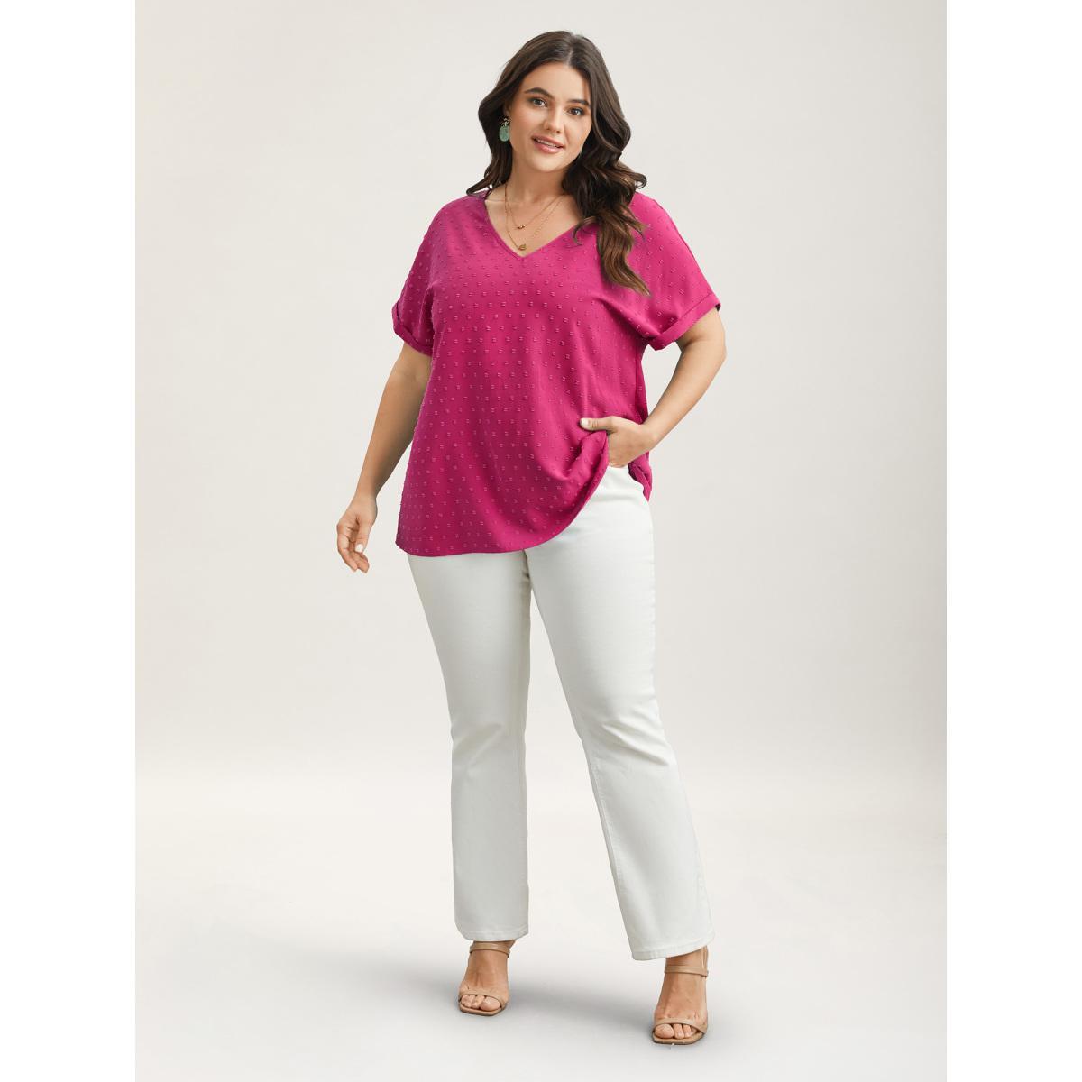 Plus Size RedViolet Back-Button Textured V-Neck Shirt Women Elegant Short sleeve V-neck Everyday Blouses BloomChic 26/4X Product Image