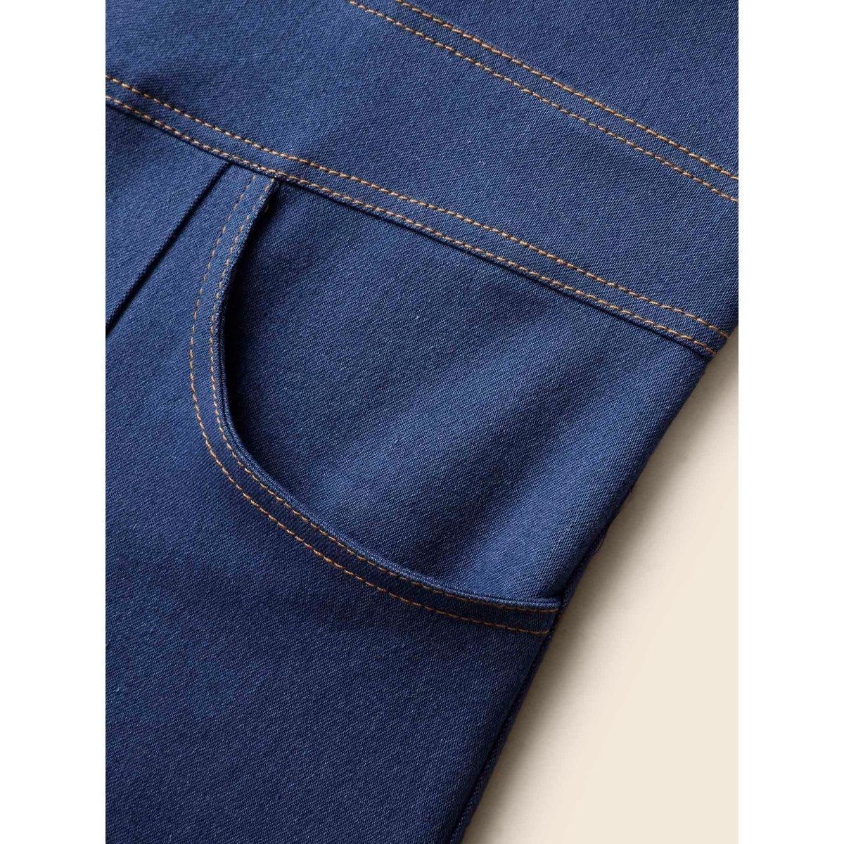 Plus Size Stretch Denim Seamed Flare Jumpsuit Midblue Women Button Medium stretch Vacation Patch pocket Resort Denim Jumpsuits BloomChic 30/6X Product Image