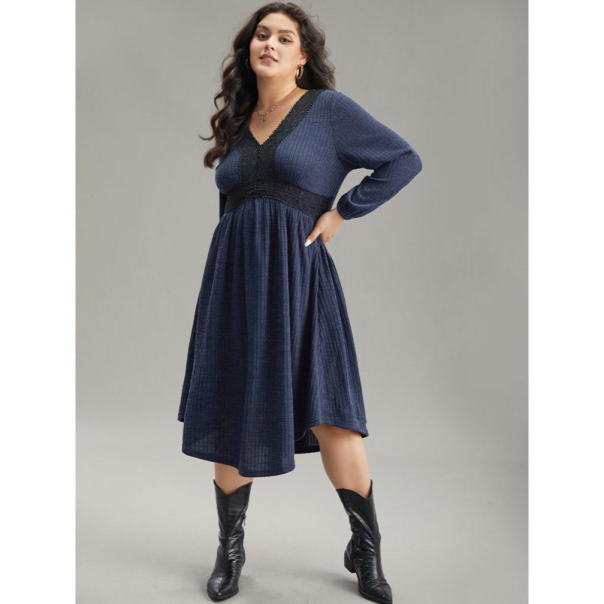 Plus Size Rib Knit Lace Panel Contrast Pocket Dress DarkBlue Women Casual Elastic cuffs V-neck Long Sleeve Curvy Midi Dress BloomChic 14-16/1X Product Image
