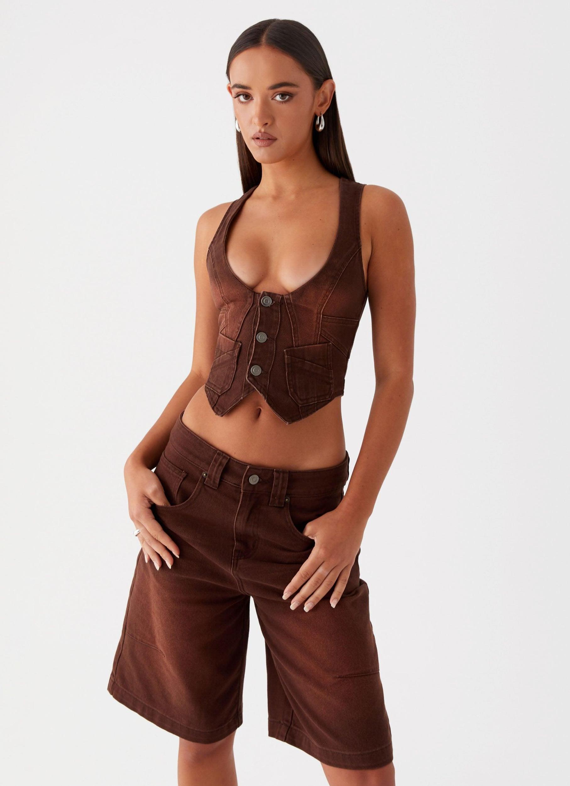 Heading South Denim Jorts - Brown Product Image