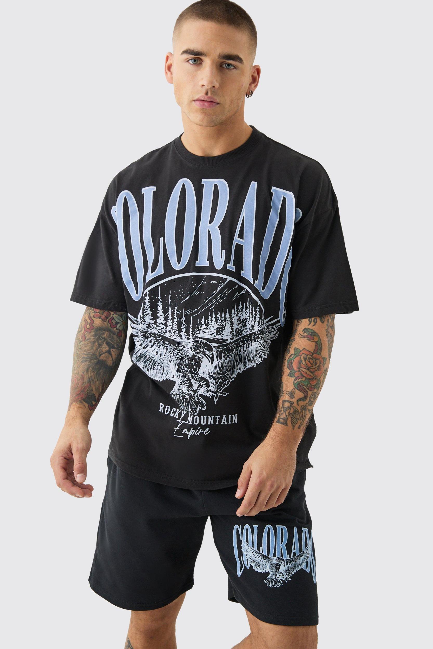 Mens Black Oversized Extended Neck Colorado Large Graphic Shorts Set, Black Product Image