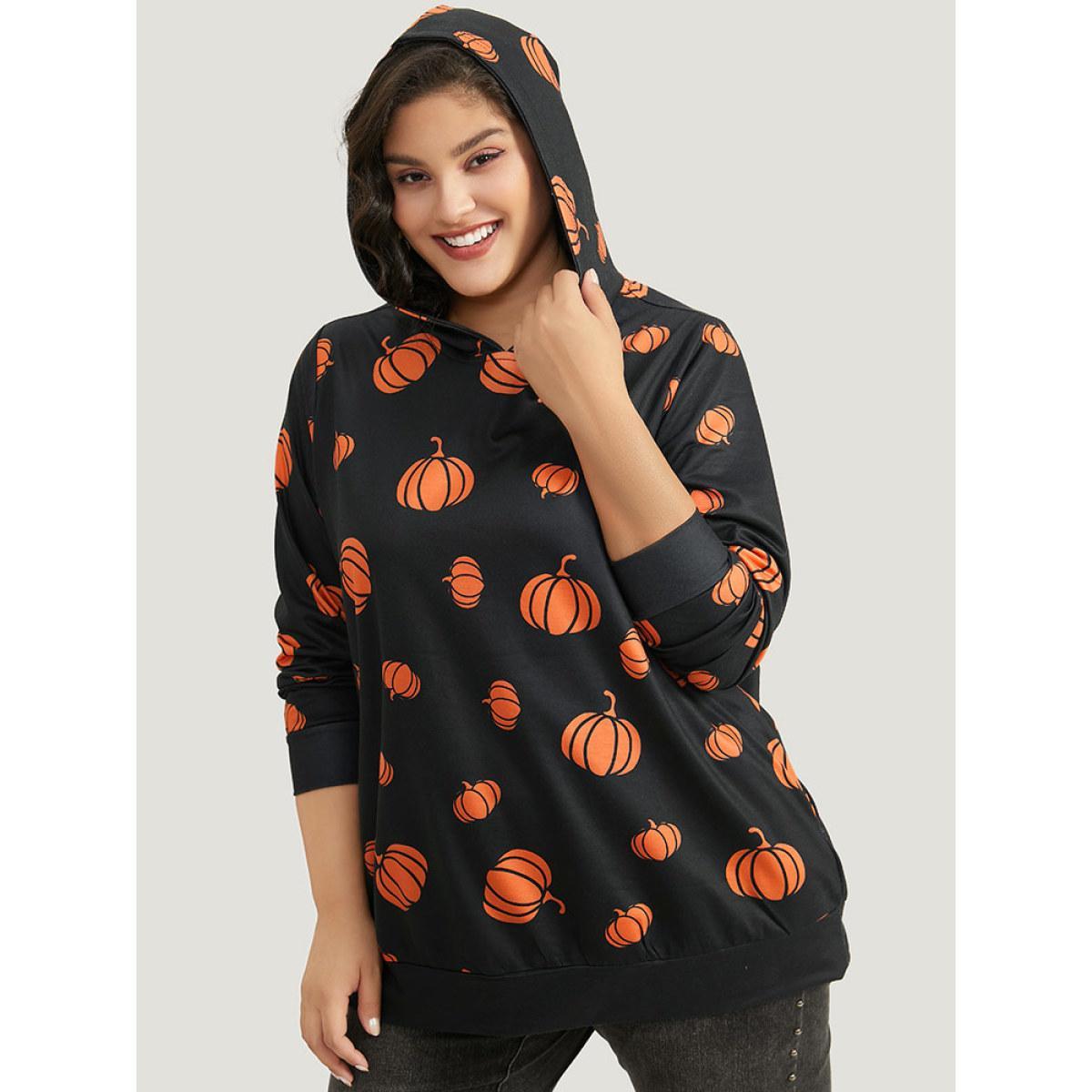 Plus Size Pumpkin Print Hooded Sweatshirt Women Black Casual Elastic cuffs Hooded Festival-Halloween Sweatshirts BloomChic 26/4X Product Image