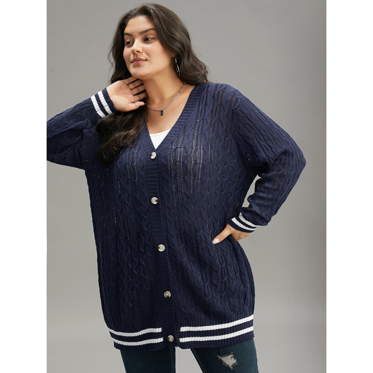 Plus Size Cable Knit Striped Patchwork Button Through Cardigan Indigo Women Casual Loose Long Sleeve Dailywear Cardigans BloomChic 22-24/3X Product Image