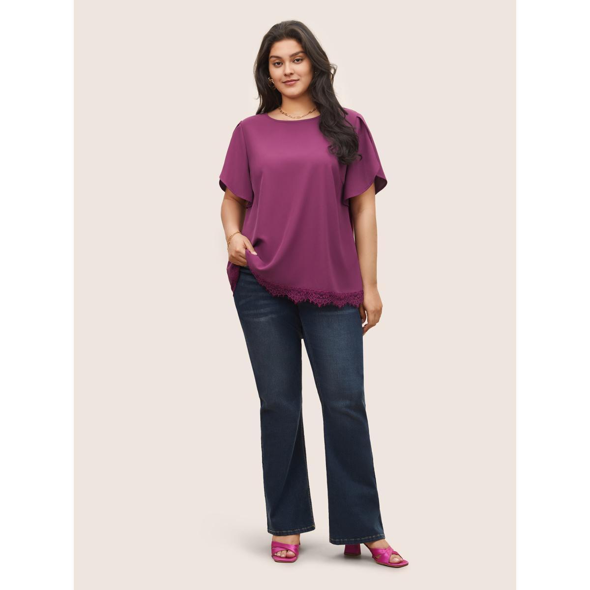 Plus Size Purple Plain Lace Insert Petal Sleeve Blouse Women Elegant Short sleeve Round Neck Everyday Blouses BloomChic 18-20/2X Product Image