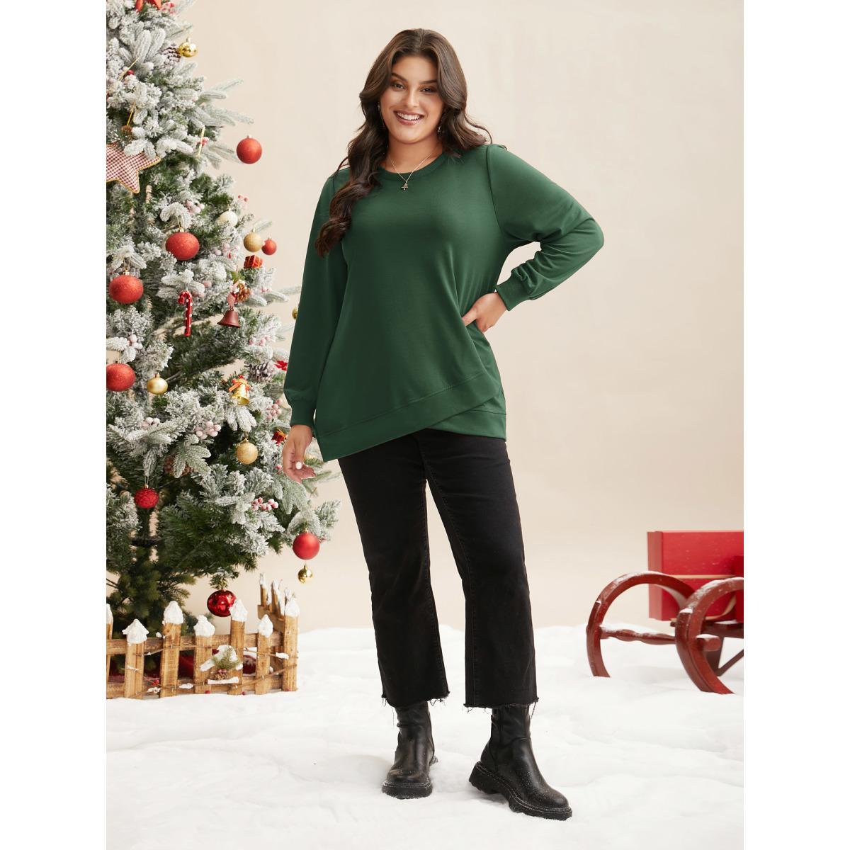 Plus Size Overlapping Hem Round Neck Sweatshirt Women DarkGreen Casual Overlapping Round Neck Everyday Sweatshirts BloomChic 30/6X Product Image