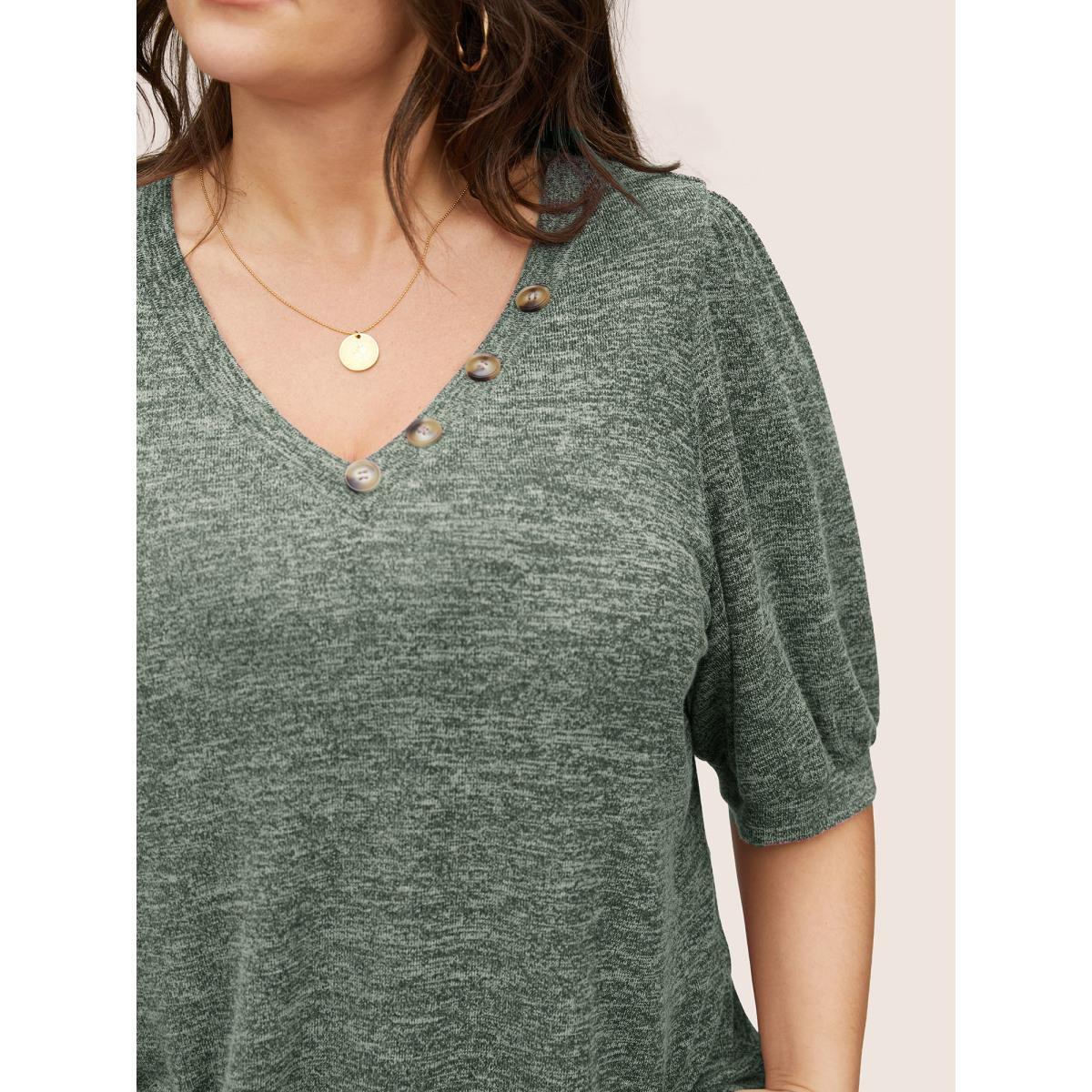 Plus Size Heather Button Detail Puff Sleeve T-shirt Emerald Women Casual Gathered Plain V-neck Everyday T-shirts BloomChic 28/5X Product Image