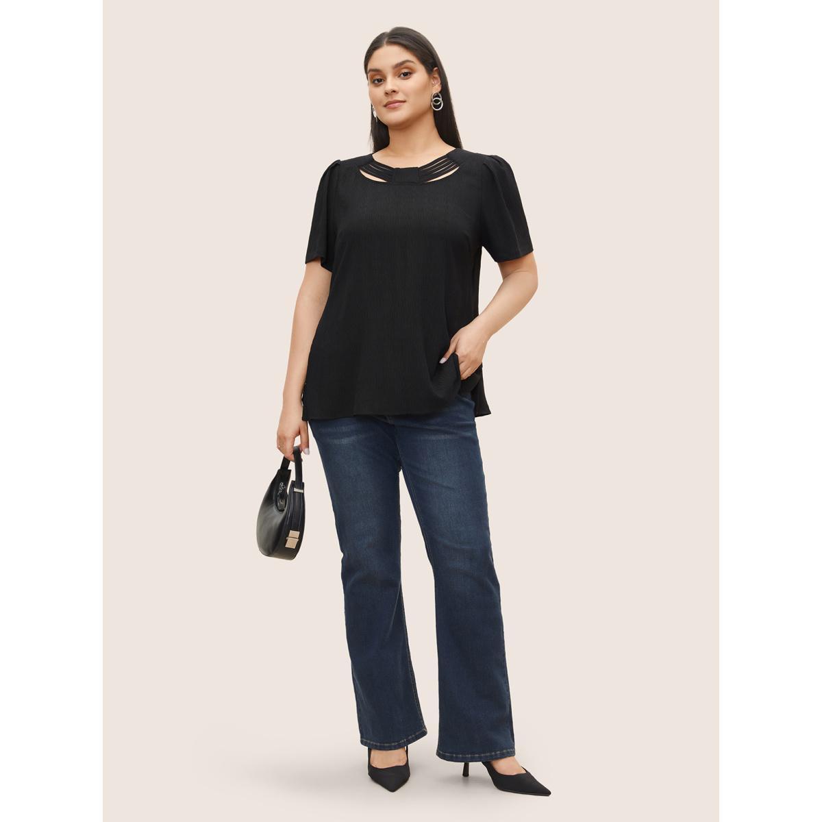 Plus Size Black Stretchy Woven Wraparound Straps Cut Out Blouse Women At the Office Short sleeve Round Neck Work Blouses BloomChic 12/L Product Image