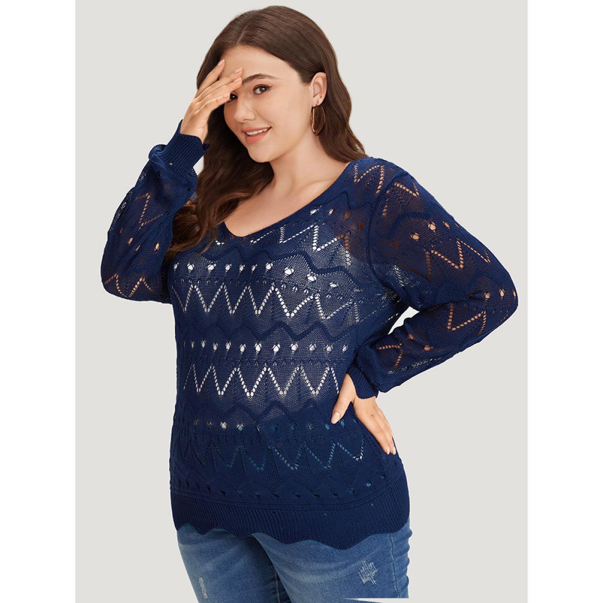 Plus Size Geometric Eyelet Scalloped Trim Drop Shoulder Pullover Indigo Women Casual Loose Long Sleeve Round Neck Dailywear Pullovers BloomChic 14-16/1X Product Image