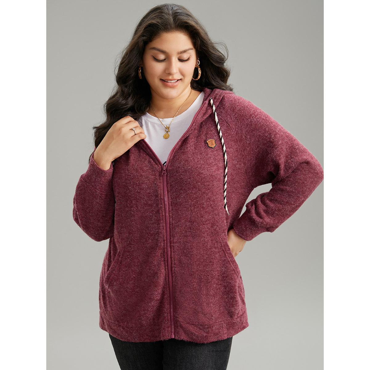 Plus Size Solid Badge Trim Drawstring Zipper Jacket Women Burgundy Zipper Pocket Dailywear Jackets BloomChic 10/M Product Image