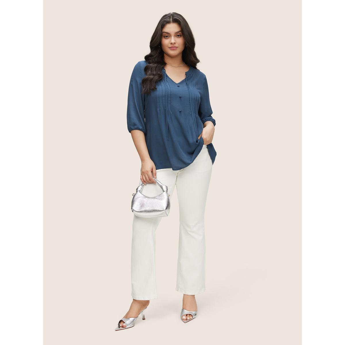Plus Size Stone Plain Pleated Knot Neck Lantern Sleeve Blouse Women Casual Elbow-length sleeve Notched collar Everyday Blouses BloomChic 14-16/1X Product Image
