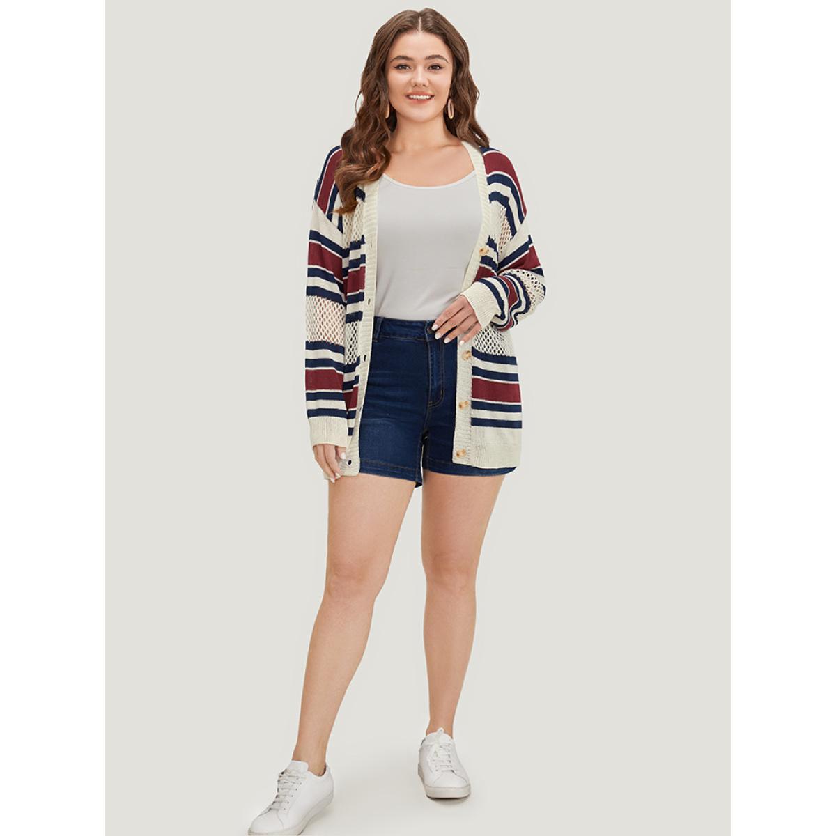 Plus Size Striped Hollow Out Patchwork Button Detail Cardigan Beige Women Casual Loose Long Sleeve Everyday Cardigans BloomChic 12/L Product Image