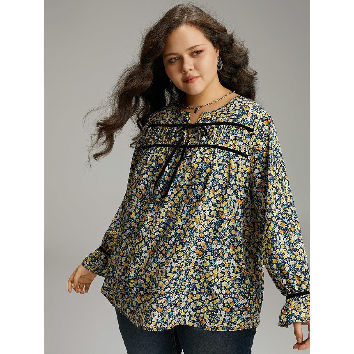 Plus Size Indigo Ditsy Floral Ties Contrast Trim Blouse Women Elegant Long Sleeve Tie Neck Dailywear Blouses BloomChic 22-24/3X Product Image