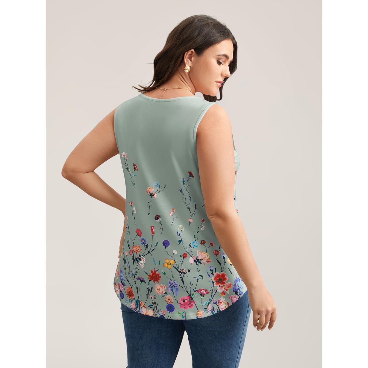 Plus Size Blooming Flowers Print Stretchy Vest Women SlateGray Elegant Non V-neck Everyday Tank Tops Camis BloomChic 18-20/2X Product Image