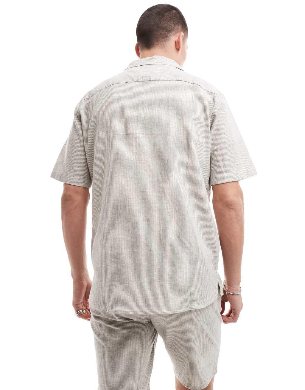 ONLY & SONS revere collar linen mix shirt in beige stripe - part of a set Product Image