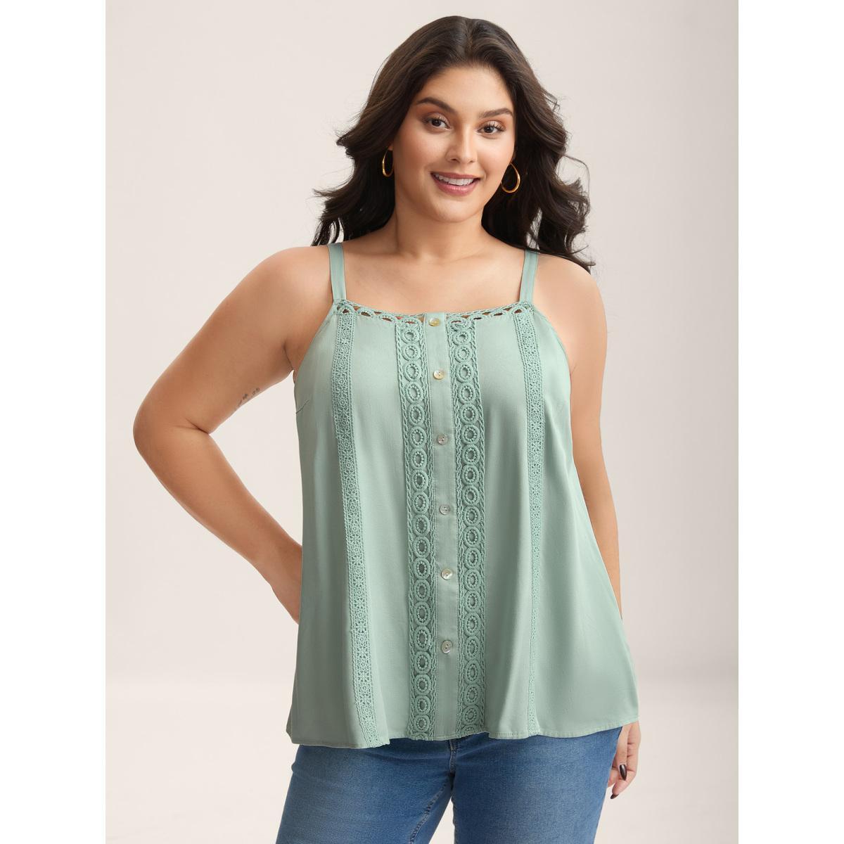 Plus Size Rayon Lace Trim Adjustable Straps Tank Top Women Greenbean Woven ribbon&lace trim Non Everyday-Elegant Tank Tops Camis BloomChic 14-16/1X Product Image