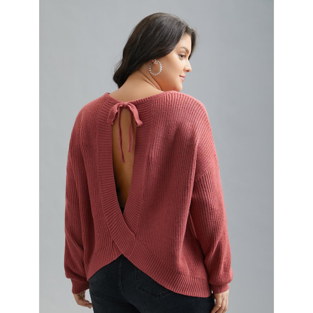 Plus Size Open Wrap Back Textured Tied Pullover Rust Women Casual Loose Long Sleeve Round Neck Everyday Pullovers BloomChic 18-20/2X Product Image