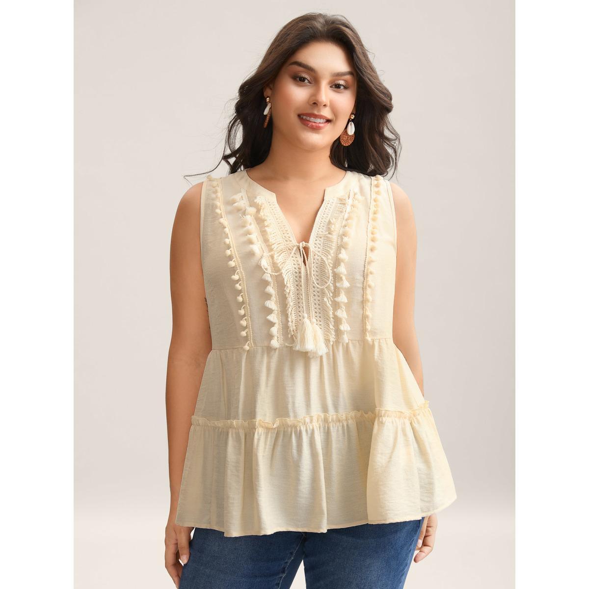 Plus Size Pure Textured Tassels Tiered Tank Top Women Beige Tie knot Notched collar Vacation Tank Tops Camis BloomChic 18-20/2X Product Image