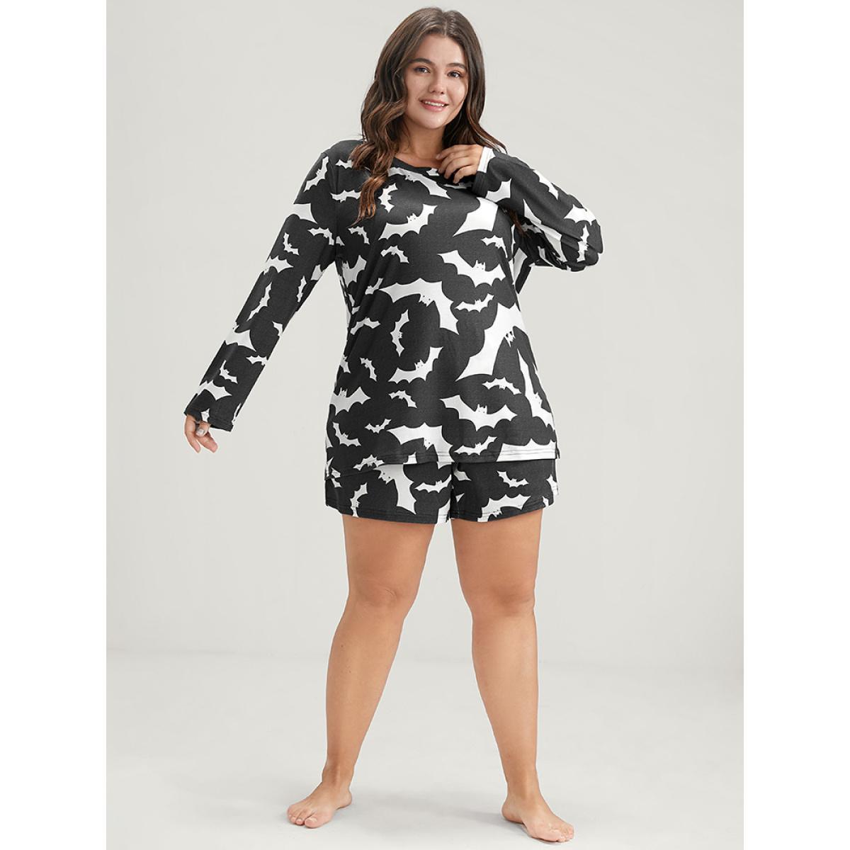 Plus Size Halloween Bat Print Pajama Set Women DimGray Graphic-Halloween Printed Long Sleeve Round Neck Casual Loungewear Sets BloomChic 12/L Product Image
