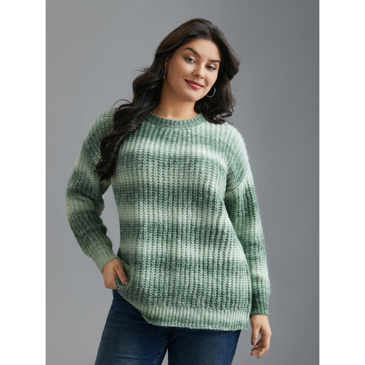Plus Size Striped Ribbed Knit Drop Shoulder Pullover Moss Women Casual Loose Long Sleeve Round Neck Everyday Pullovers BloomChic 26/4X Product Image