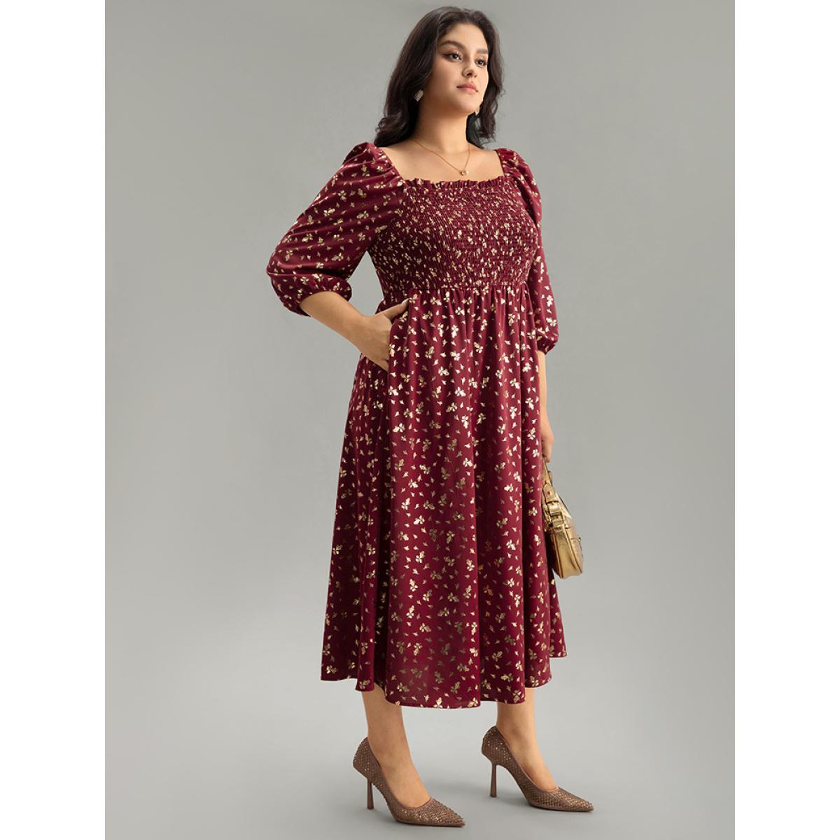 Plus Size Glitter Square Neck Shirred Split Front Frill Trim Dress Scarlet Women Party Elastic cuffs Square Neck Elbow-length sleeve Curvy Midi Dress BloomChic 28/5X Product Image