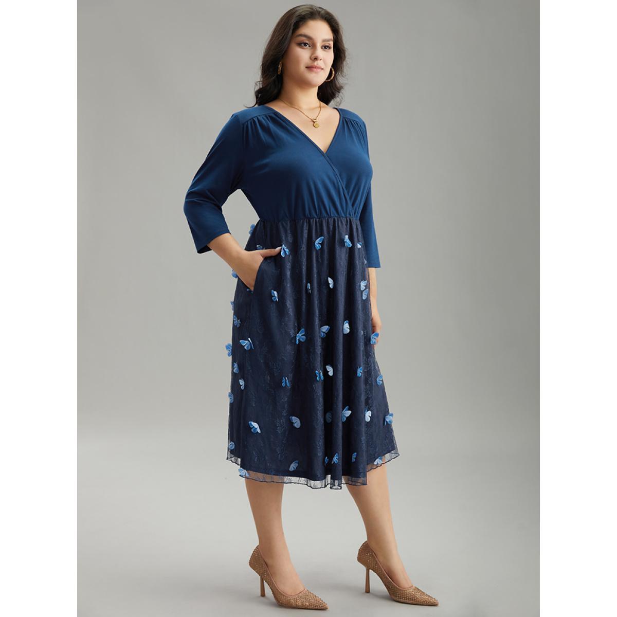 Plus Size Butterfly Patchwork Overlap Collar Mesh Dress DarkBlue Women Elegant Lined Overlap Collar Elbow-length sleeve Curvy Midi Dress BloomChic 26/4X Product Image