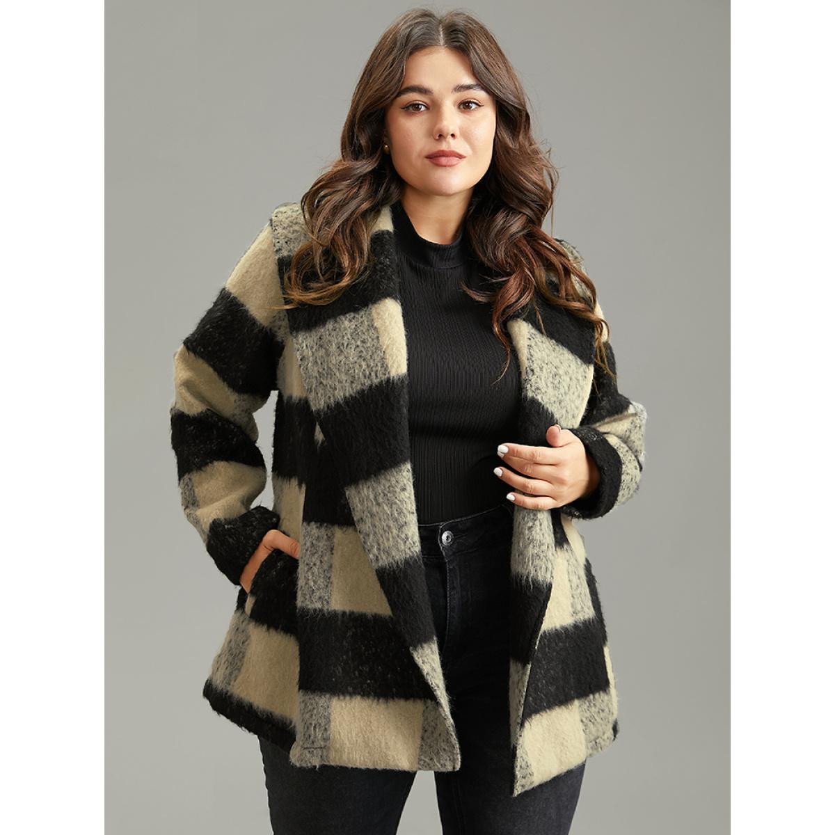 Plus Size Plaid PU Leather Belted Lapel Collar Coat Women Black Casual Lined Ladies Dailywear Winter Coats BloomChic 14-16/1X Product Image