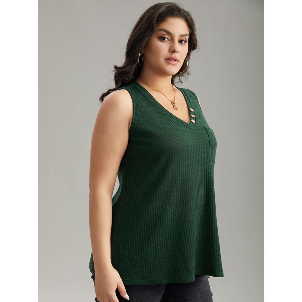 Plus Size Waffle Knit V Neck Button Detail Cami Top Women Green Casual Waffle Knit V-neck Dailywear Tank Tops Camis BloomChic 26/4X Product Image