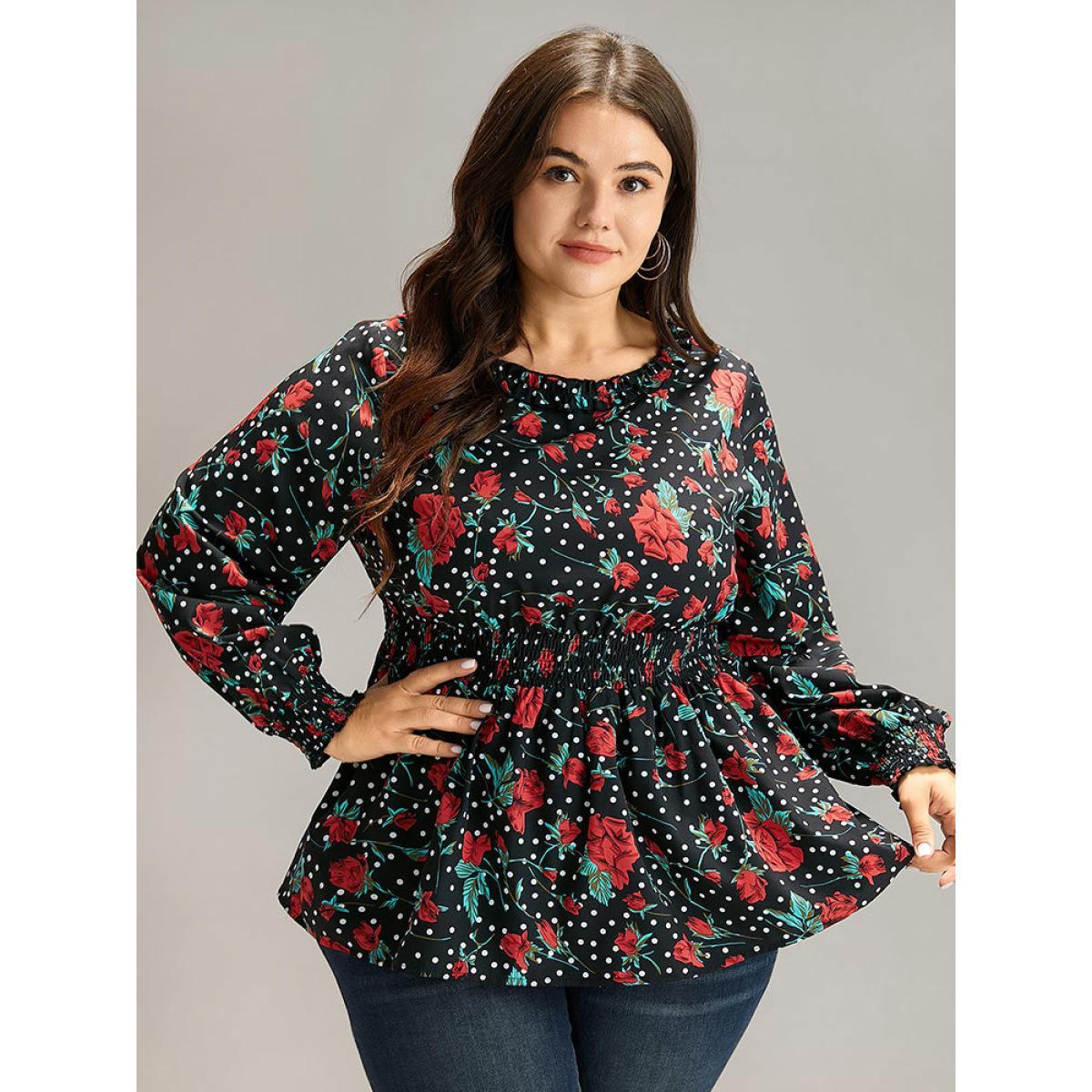 Plus Size BlackFlower Rose Print Shirred Frill Trim Lantern Sleeve Blouse Women Elegant Long Sleeve Round Neck Dailywear Blouses BloomChic 14-16/1X Product Image