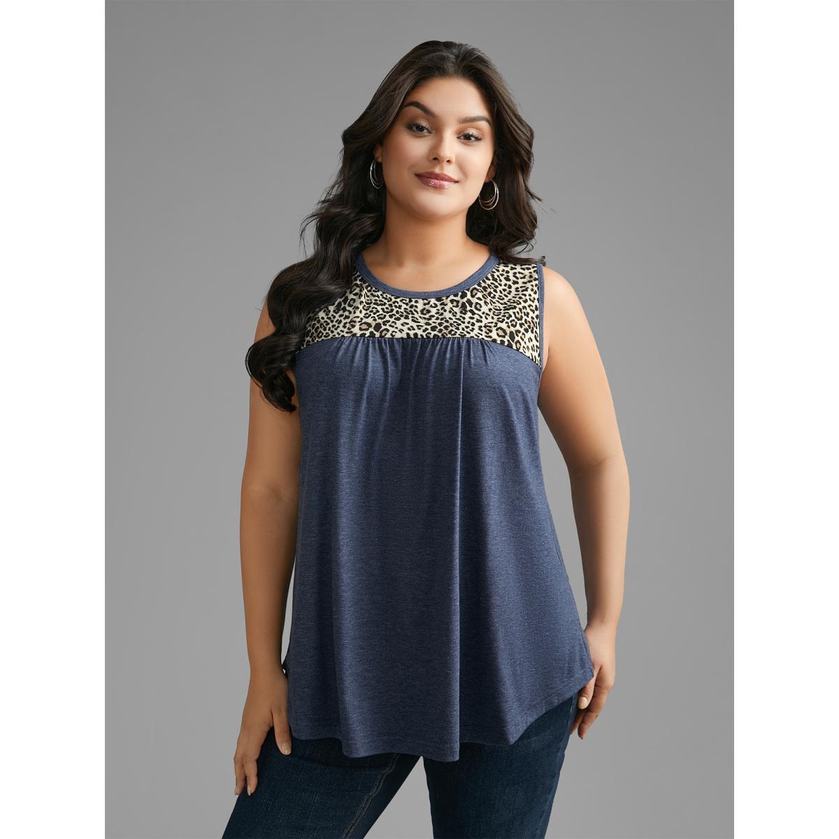 Plus Size Leopard Print Patchwork Gathered Tank Top Women Indigo Casual Gathered Round Neck Everyday Tank Tops Camis BloomChic 12/L Product Image