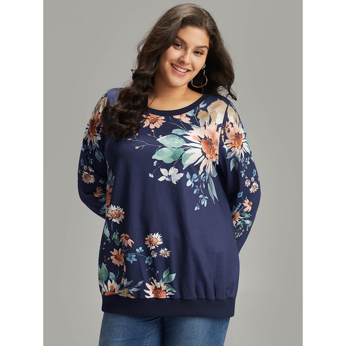 Plus Size Floral Print Round Neck Sweatshirt Women Indigo Casual Elastic cuffs Round Neck Dailywear Sweatshirts BloomChic 14-16/1X Product Image
