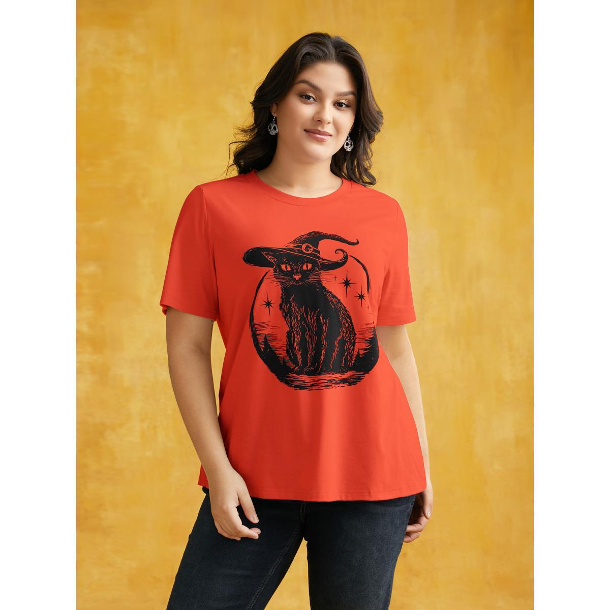 Plus Size Bewitched Cat Printed Crew Neck T-shirt OrangeRed Women Casual Non Halloween Round Neck Everyday T-shirts BloomChic 26/4X Product Image