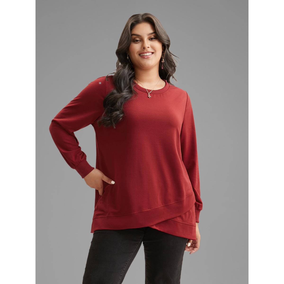 Plus Size Overlapping Hem Round Neck Sweatshirt Women Burgundy Casual Overlapping Round Neck Everyday Sweatshirts BloomChic 18-20/2X Product Image