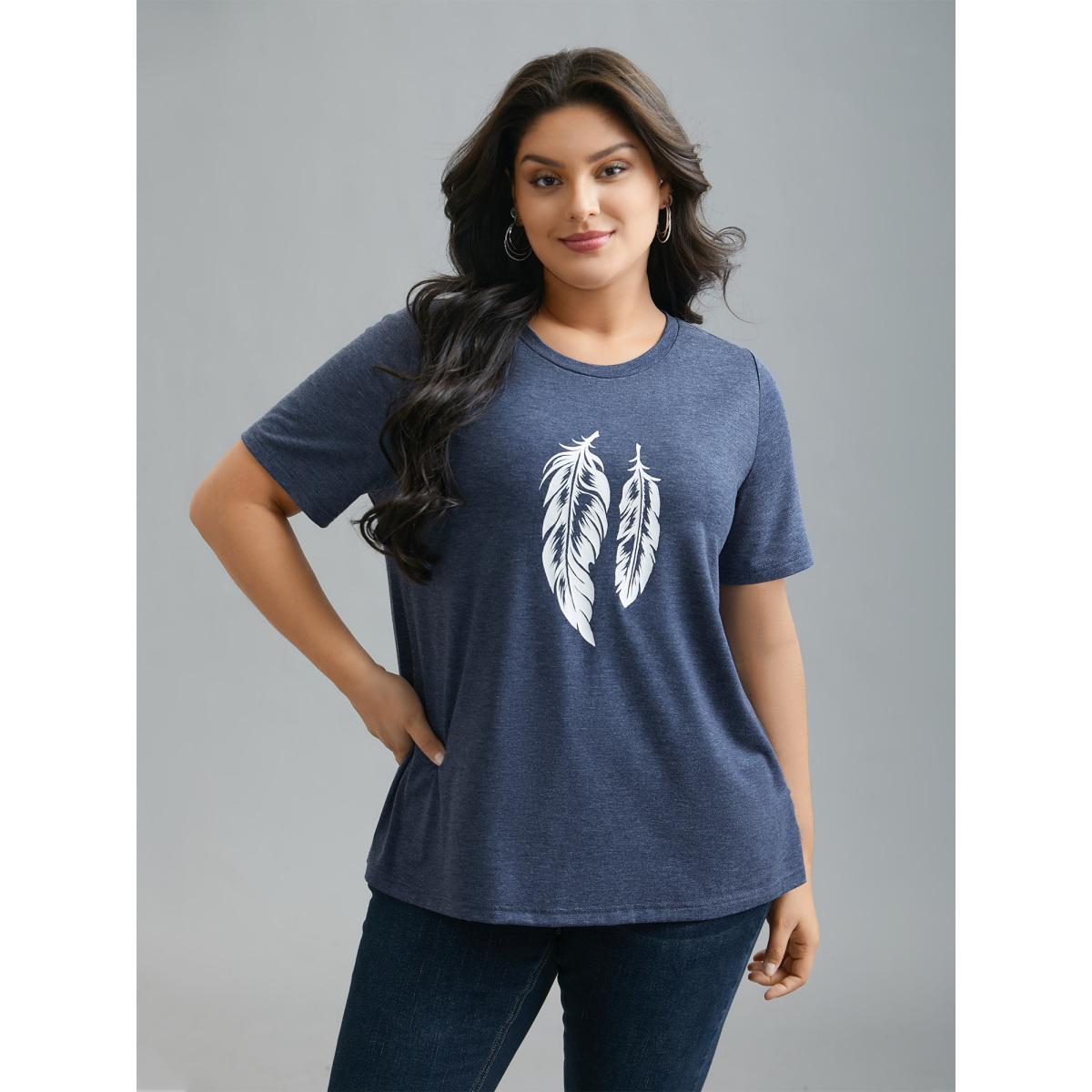 Plus Size Round Neck Feather Pattern T-Shirt Indigo Women Casual Non Art&design Round Neck Everyday T-shirts BloomChic 14-16/1X Product Image