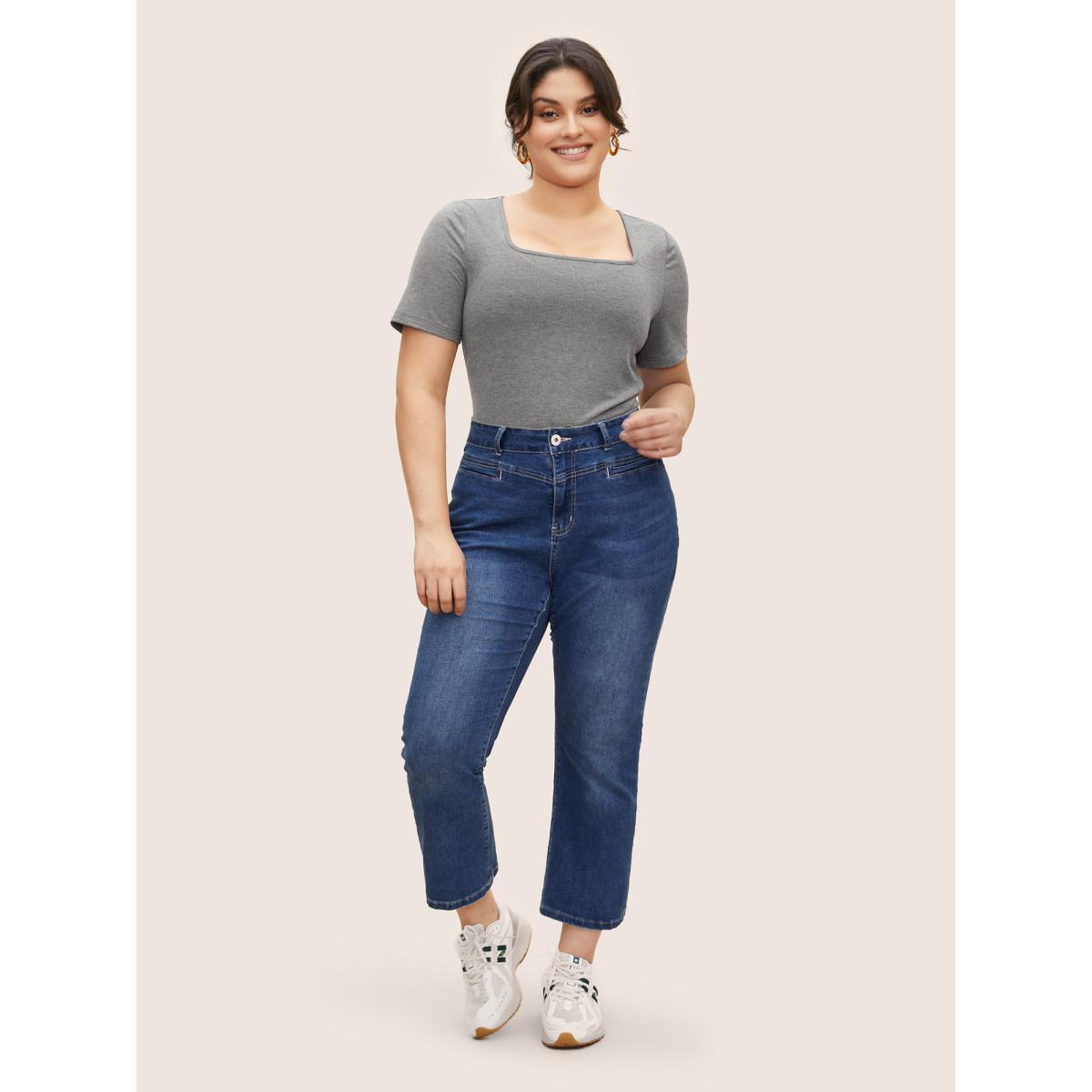 Plus Size Supersoft Essentials Solid Square Neck Knit T-shirt DimGray Women Basics Non Square Neck Bodycon Everyday T-shirts BloomChic 22-24/3X Product Image