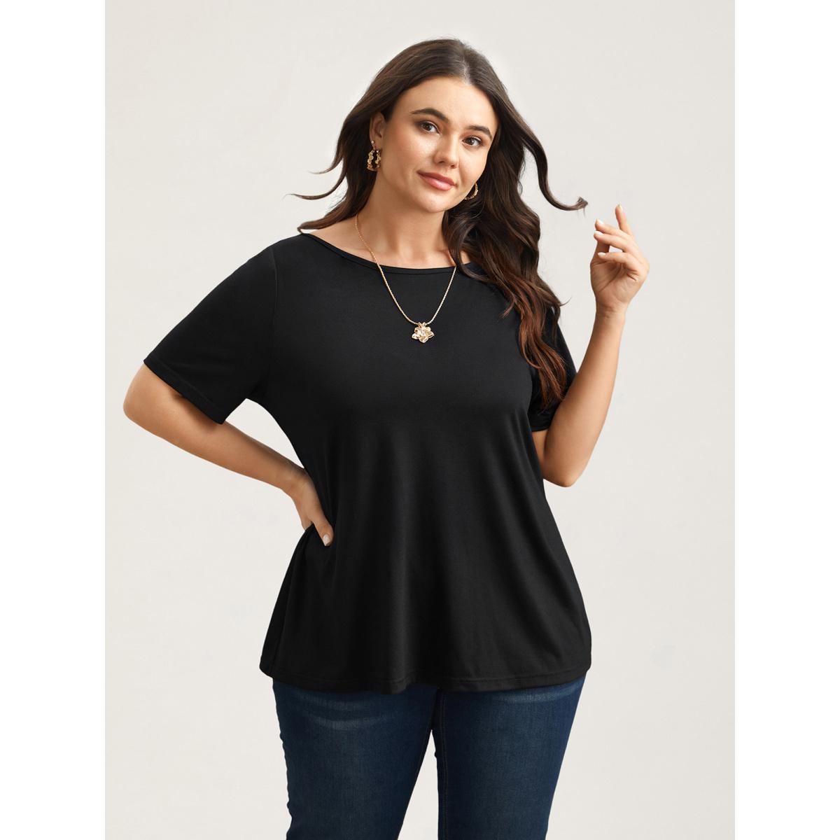 Plus Size Butterfly Back Stretchy Round Neck T-Shirt Black Women Elegant See through Round Neck Everyday T-shirts BloomChic 28/5X Product Image