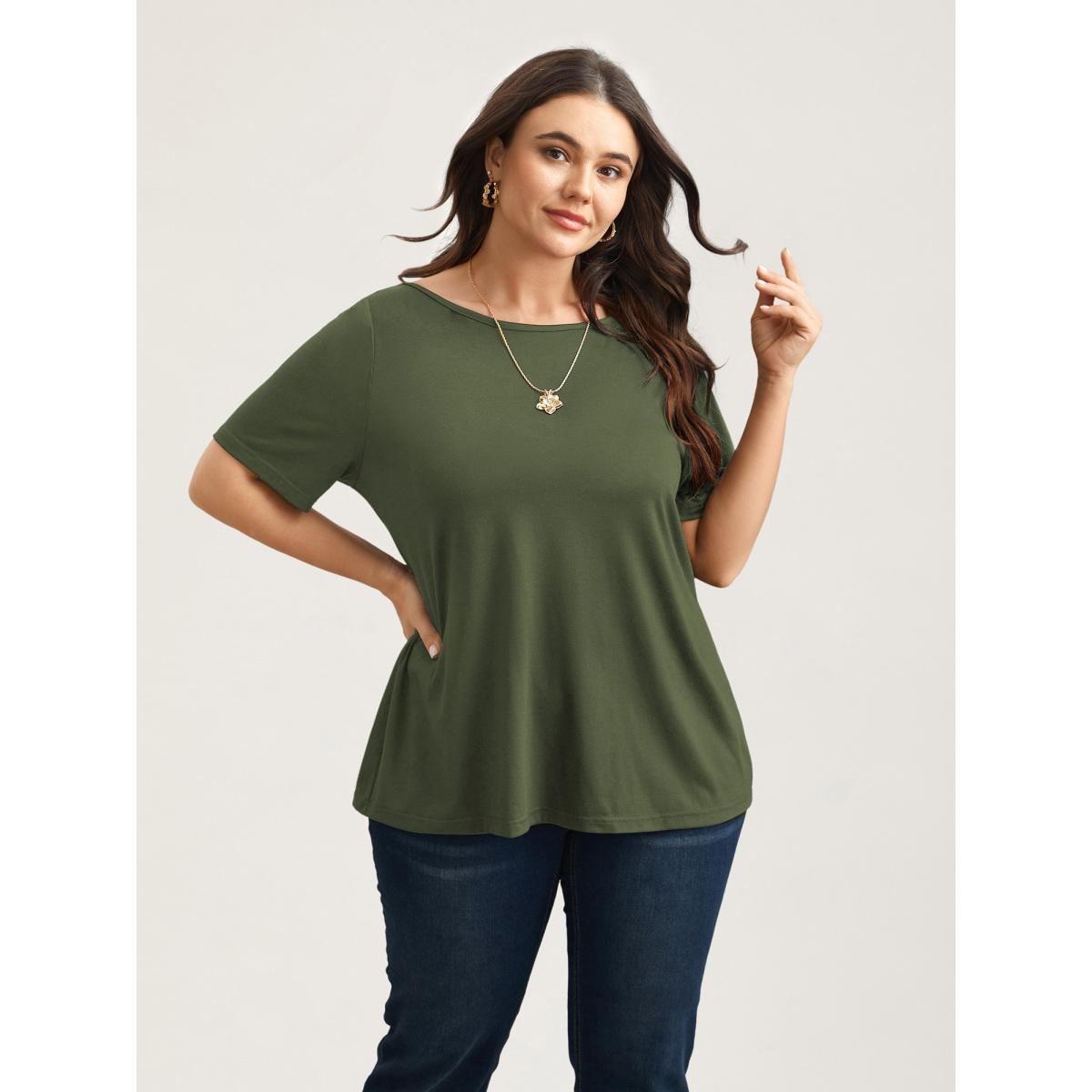 Plus Size Butterfly Back Stretchy Round Neck T-Shirt Indigo Women Elegant See through Round Neck Everyday T-shirts BloomChic 30/6X Product Image