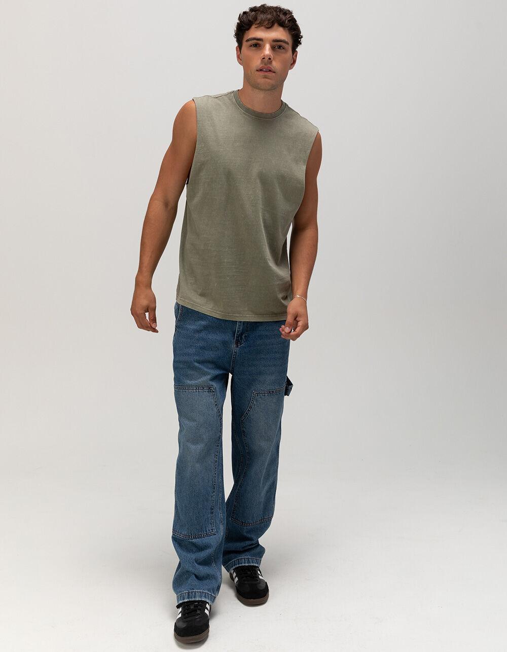 RSQ Mens Acid Wash Muscle Tee - OLIVE Product Image