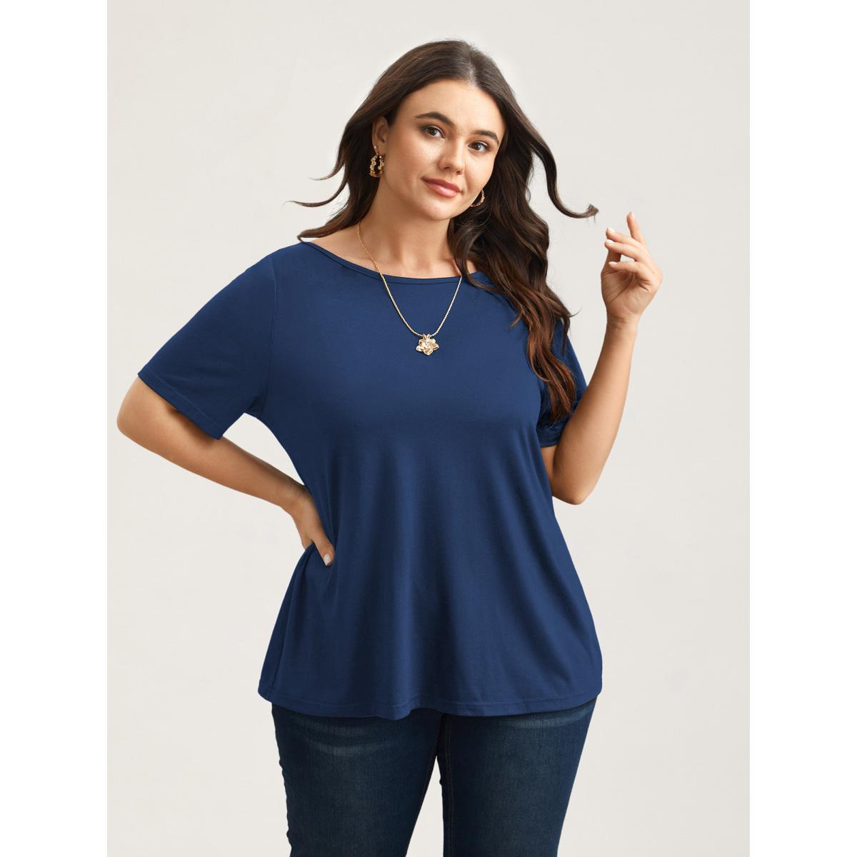 Plus Size Butterfly Back Stretchy Round Neck T-Shirt Indigo Women Elegant See through Round Neck Everyday T-shirts BloomChic 30/6X Product Image