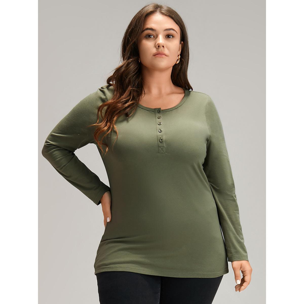 Plus Size Cotton Solid Button Down T-shirt ArmyGreen Women Elegant Plain Plain Round Neck Dailywear T-shirts BloomChic 10/M Product Image