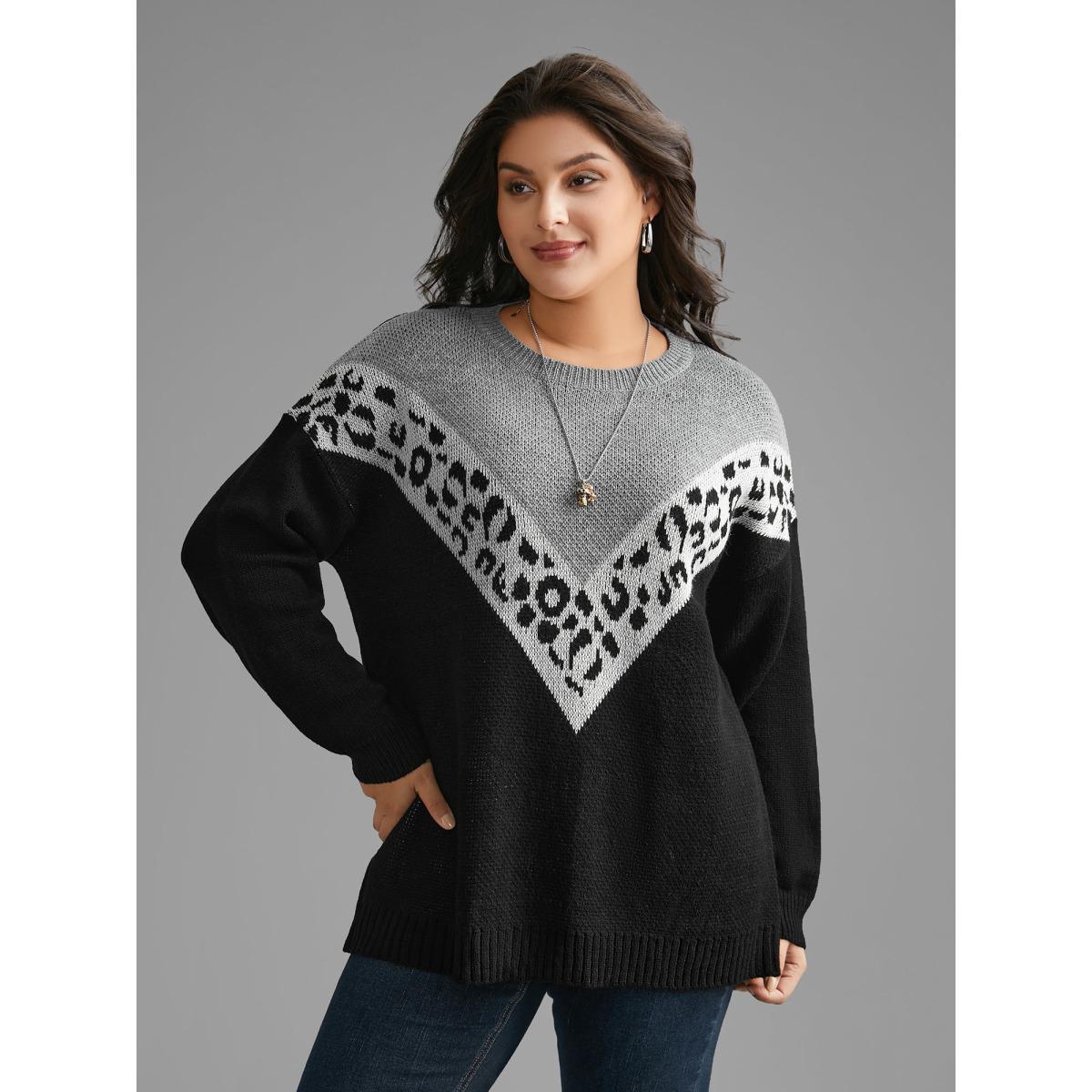 Plus Size Leopard Print Contrast Patchwork Pullover Black Women Casual Loose Long Sleeve Round Neck Everyday Pullovers BloomChic 28/5X Product Image