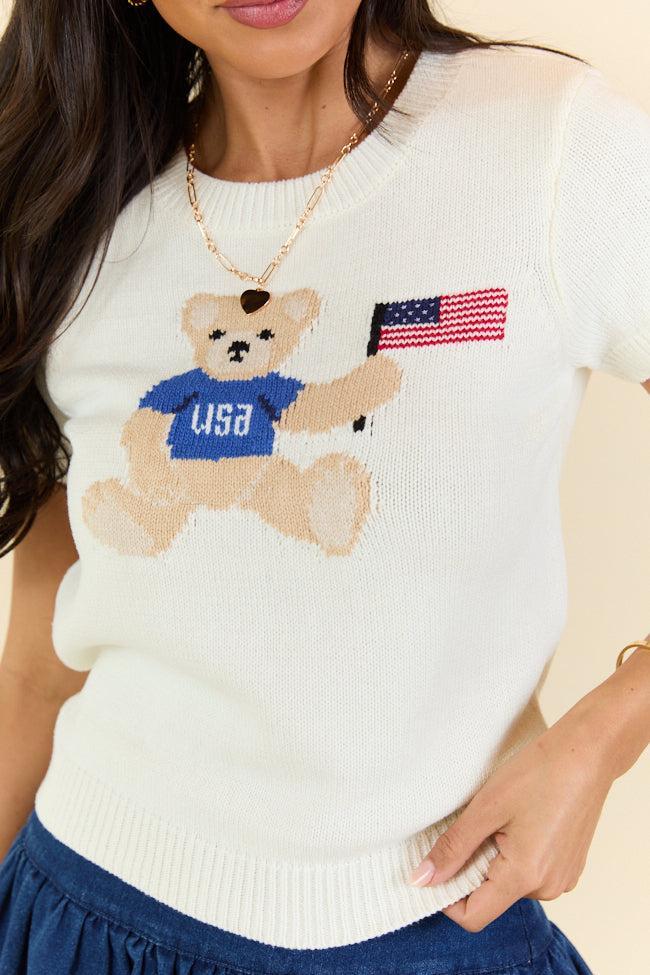 Made For Celebratin' Ivory Americana Short Sleeve Bear Sweater FINAL SALE Product Image
