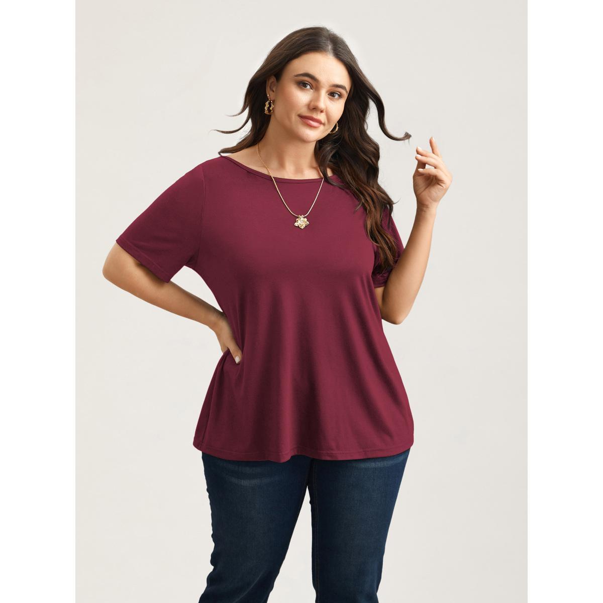 Plus Size Butterfly Back Stretchy Round Neck T-Shirt Burgundy Women Elegant See through Round Neck Everyday T-shirts BloomChic 22-24/3X Product Image