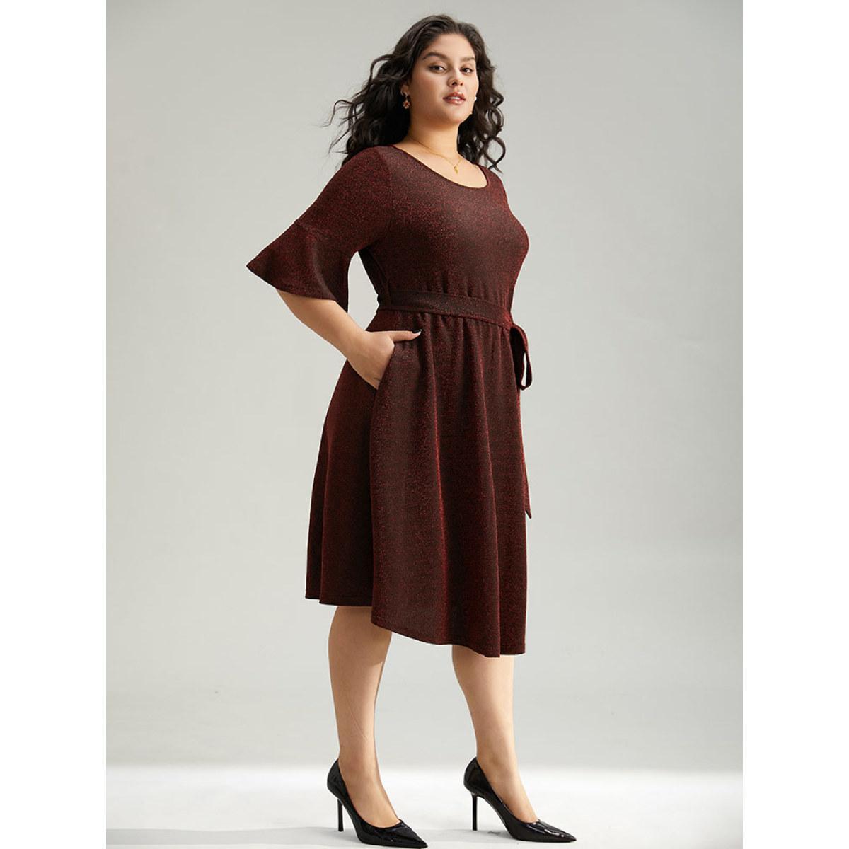 Plus Size Lurex Belted Flutter Sleeve Dress Raspberry Women Elegant Plain Round Neck Elbow-length sleeve Curvy Midi Dress BloomChic 22-24/3X Product Image