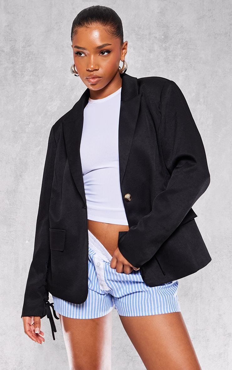 Black Lace Up Sleeve Blazer Product Image