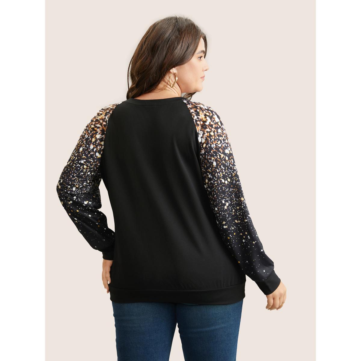 Plus Size Ombre Boho Print Raglan Sleeve T-shirt Black Women Casual Contrast Ombre Round Neck Dailywear T-shirts BloomChic 14-16/1X Product Image
