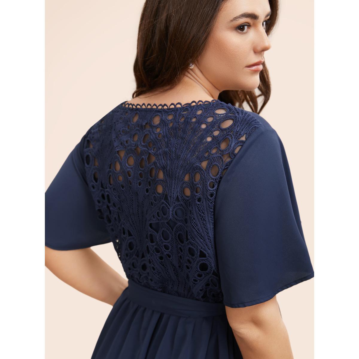 Plus Size Round Neck Lace Patchwork Ruffle Sleeve Dress DarkBlue Women Elegant Woven ribbon&lace trim Round Neck Short sleeve Curvy BloomChic 10/M Product Image