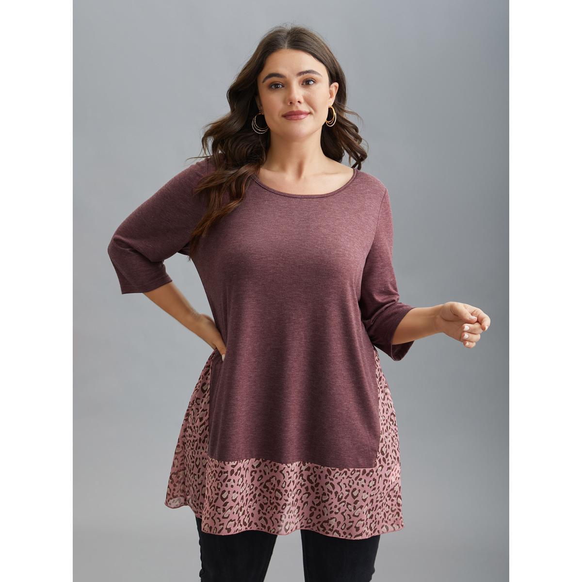 Plus Size Crew Neck Leopard Print Patchwork T-shirt Deepred Women Elegant Patchwork Round Neck Everyday T-shirts BloomChic 12/L Product Image