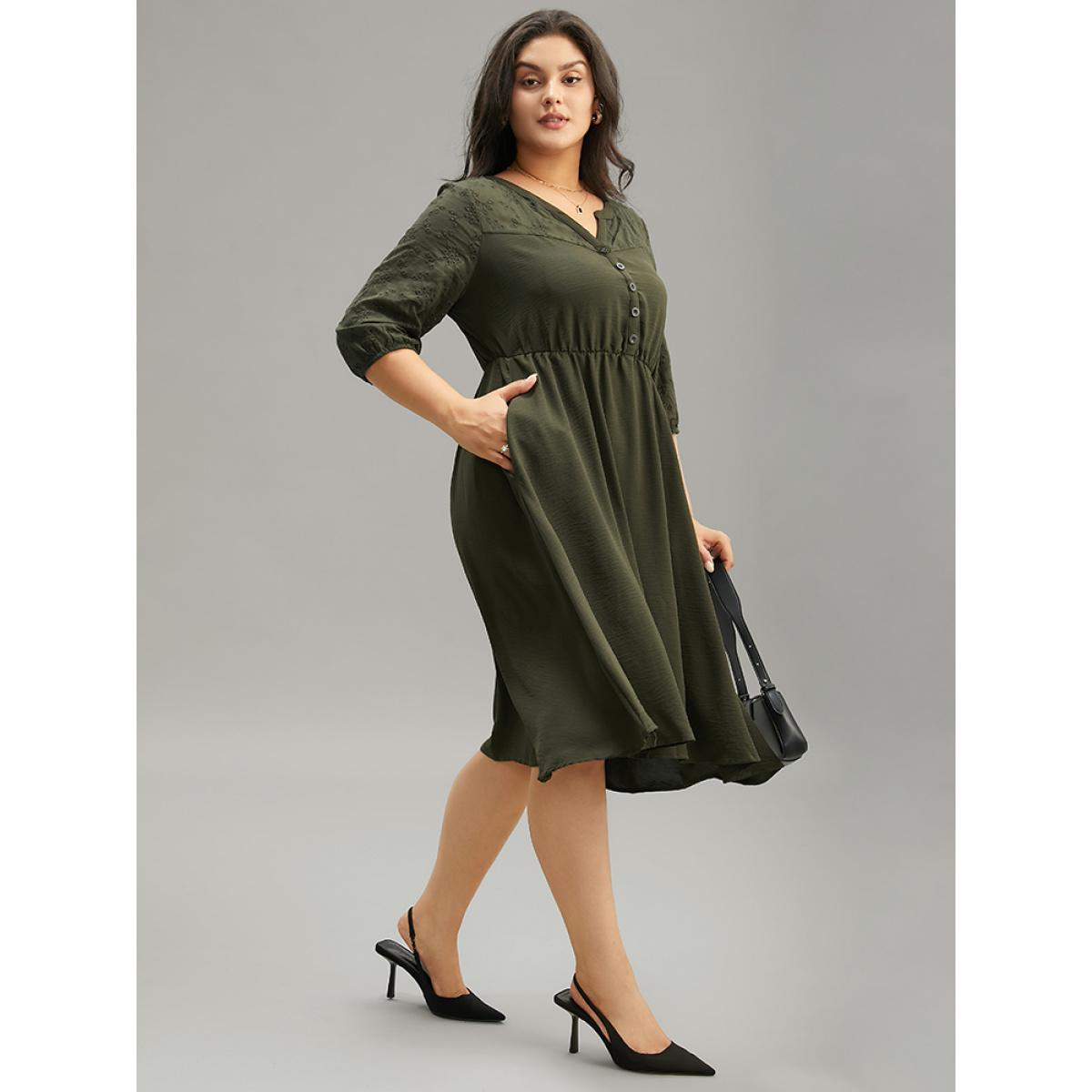 Plus Size Solid Notched Eyelet Patchwork Dress ArmyGreen Women Office Elastic cuffs Notched collar Elbow-length sleeve Curvy Midi Dress BloomChic 28/5X Product Image