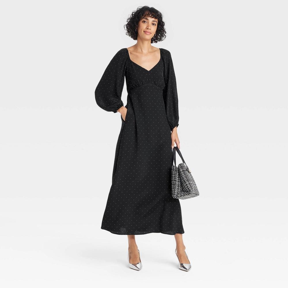 Women's Long Sleeve Crepe Maxi A-Line Dress - A New Day™ Black/White Polka Dots L: V Neck, Balloon Sleeve, Side Pocket Product Image